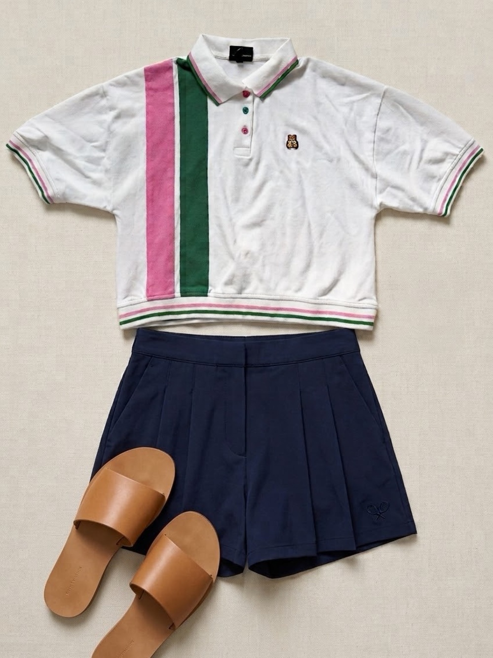 Tennis Pickleball Preppy Resort Wear Polo Pink & Green Stripes Bear Buttons